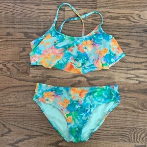 Athleta Girl Aqua Lumen Floral Print Two-Piece Ruffle Bikini Swim Set
